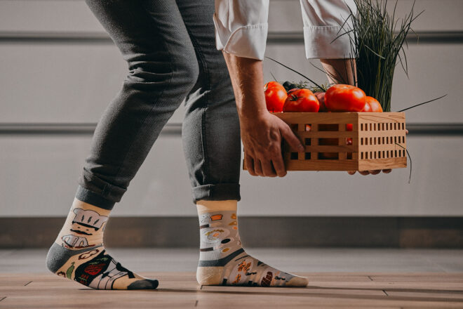 Kuchenne rewolucje zabawne skarpetki Spox Sox detal Erdbeerpunkt Online Shop Schweiz