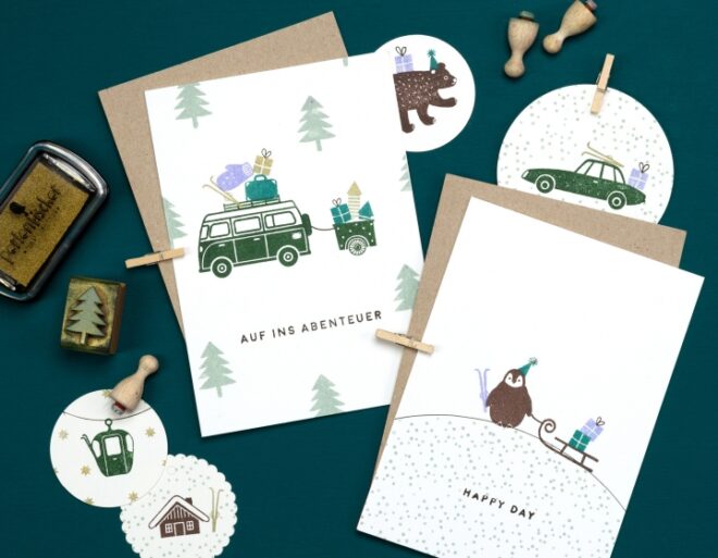 Bulli fahrradanhaenger schlitten pinguin rakete ski huette gondel tanne koffer flitzer perlenfischer winter stempel 02 Erdbeerpunkt Online Shop Schweiz