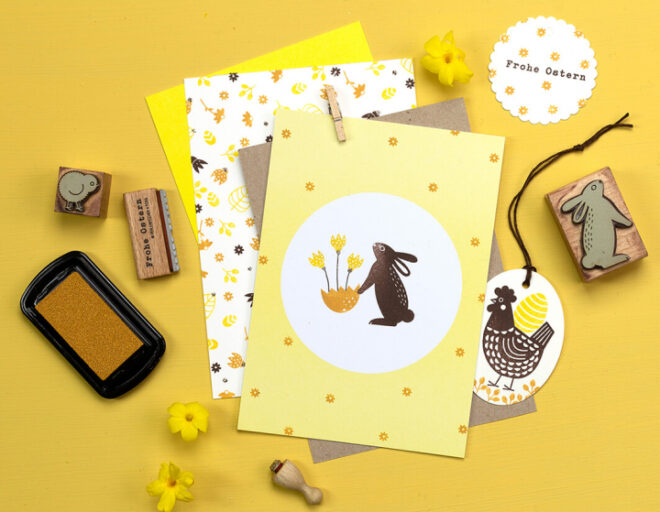 Hase stehend eierschale glockenbluete henne osterei voll frohe ostern perlenfischer stempel 4 Erdbeerpunkt Online Shop Schweiz