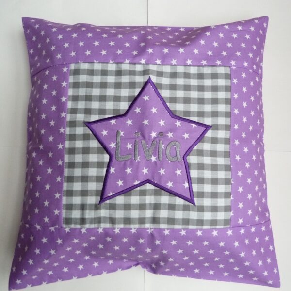 0003515 kuschelkissen name im stern grau lila Erdbeerpunkt Online Shop Schweiz